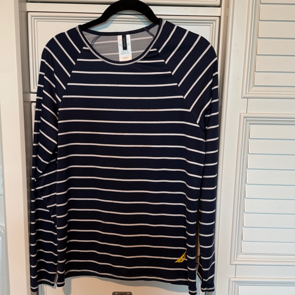 Nautica Navy Blue and White Striped Top Active wear. Medium